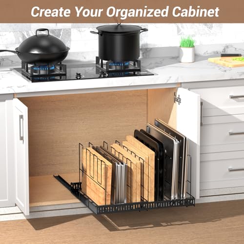 Housolution Pull Out Baking Tray and Cookie Sheet Cutting Board Organizer | 13"-22" Expandable, 21.5" Deep, 8 Adjustable Dividers, Sliding Rail Design, Sturdy Metal Structure, Adhesive/Screw Fixing - color: Black, 8 Dividers, size: Large