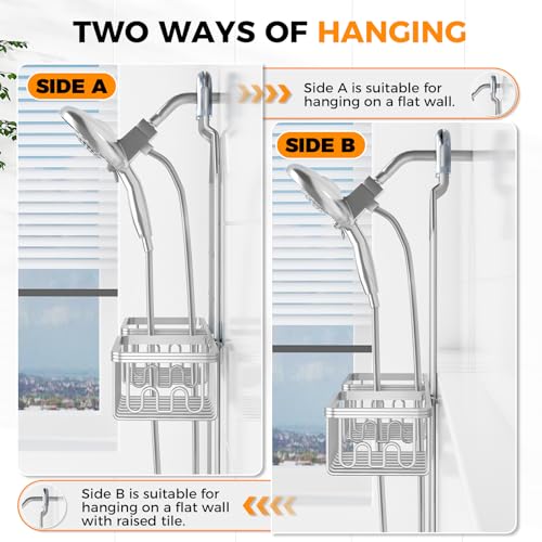 Adjustable Aluminum Shower Caddy Hanging for Handheld Showerhead, Silver | Rustproof Aluminum, Shower Organizer, Anti-Slip, Quick-Drain Shelf, 40lbs Capacity, Suction Cups, 8 Hooks, Razor Soap Holders - color: Silver