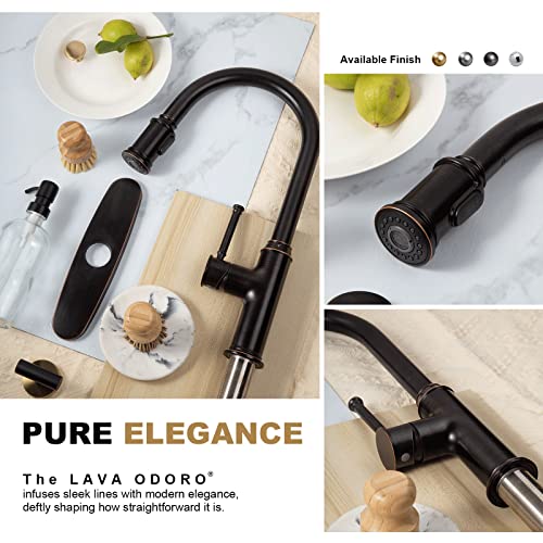 Lava Odoro Oil Rubbed Bronze Kitchen Faucet with Pull Down Sprayer, Single Hole Kitchen Sink Faucet, Single Handle Kitchen Faucet with 3-Function Magnetic Sprayer, Deck Plate Included, KF421-ORB-M - color: Oil Rubbed Bronze, style: 3-Mode, Magnetic