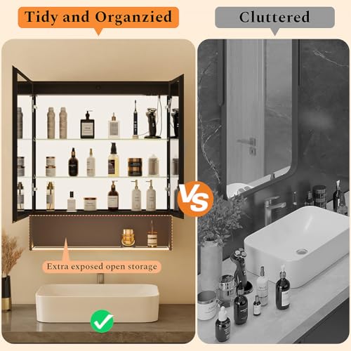 30"×34" LED Lighted Medicine Cabinet with Backlight, Adjustable Brightness 3 Color Temperature Lighting Anti-Fog Mirror 2 Socket & 2 USB Ports & Adjustable Shelf Wall Mounted - color: Backlight - 30"×34"
