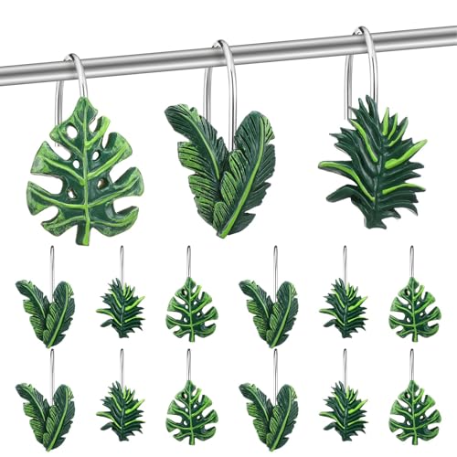 12 Pcs Tropical Leaf Decorative Shower Curtain Hooks Cute Green Monstera Deliciosa Leaves Curtain Rings Hanger Stainless Steel Resin Tropical Botanical Themed Hooks for Home Bathroom Decor - style: Tropical