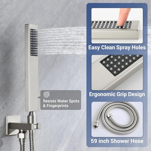 Thermostatic Dual Shower Head System, Brushed Nickel Shower Faucet | 12 Inch Ceiling Rainfall Shower, 6 Inch Wall Mount Head, High Pressure Handheld Sprayer, Push Button Valve - color: Brushed Nickel