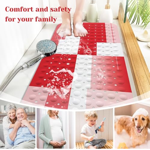 Red Bath Tub Mat Non Slip, Modern Geometric Large Washable Shower Mats with Drain Holes and Suction Cups,40 X 16 Inch - color: Red