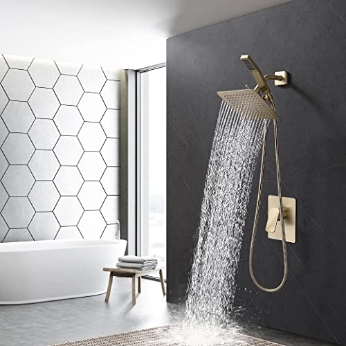 G-Promise Rain Shower Head and Handle Set for Modern Bathroom Upgrade | All Metal, Built to Last, Including the Required Accessories, Modern Upgrade, Extra Flexible Long Lose - color: Brushed Gold