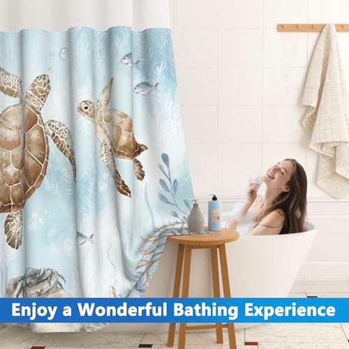 No Hook Shower Curtain with Snap in Liner Set, Sea Turtles Shower Curtain with Removable Button Liner and Mesh Top Window, Double-layer Waterproof Fabric Shower Curtains for Bathroom with Weighted Hem - color: Two Turtles