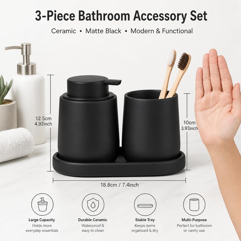 Ceramic Bathroom Accessories Set, 3 Pieces with Soap Dispenser, Toothbrush Holder, and Cup, Matte Black, Polished Finish (Balck) - color: Balck