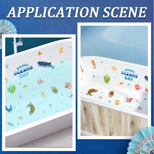 6 Pages Bathtub Sea Stickers Bulk Non Slip Bathtub Stickers with Scraper Plastic Adhesive Ocean Animal Conch Pattern Slippery Floor Decal for Shower and Bath Tub Home Decorations Gift Adult - style: Marine Animal 3