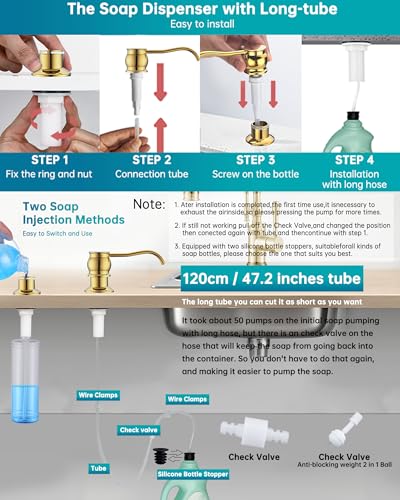 Brass Kitchen Soap Dispenser,Gold in Sink Liquid Dish Soap Dispenser, Under Sink Hand Metal Dispenser Pump, 47.2" Silicone Long Tube for 0.79 "- 1.38" Bottle Mouths - color: Gold, size: With Hose