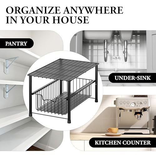 Simple Houseware Wired Stackable Under Sink Cabinet Sliding Basket, Black | Free Standing Organizer Drawer, Kitchen/Pantry/Cabinet/Counter - color: Black