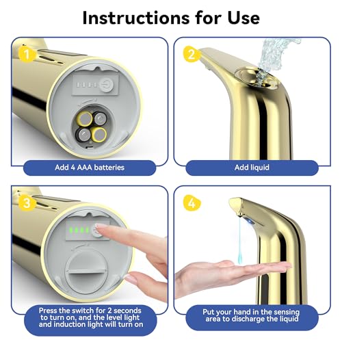 Automatic Soap Dispenser, Plastic Material for Bathroom & Kitchen | 4-Level Adjustable Touchless Hand Soap Dispenser ,13oz/400ml Battery Operated Electric Dispenser, Gold Soap Dispenser - color: Gold