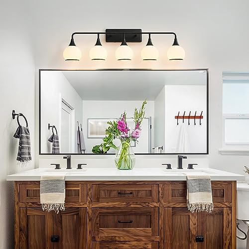 Black Bathroom Light Fixtures 5-Lights Vanity Lights with Milky White Frosted Glass Shade Bathroom Vanity Light 39.2 inch Wall Sconce Lighting Bath(Exclude E26 Bulb) - color: Black, size: 5 Light