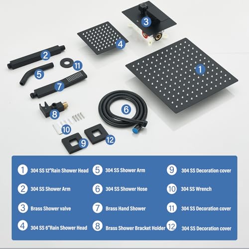 Shower Faucet Matte Black Shower System with 12" Celing+6" Wall Dual Rain Shower Head with Handheld Spray,Bathroom Luxury Brass Shower Valve with Shower Diverter Kit Shower Faucet Set Complete - color: Matte Black, size: Matte Black-12+6"