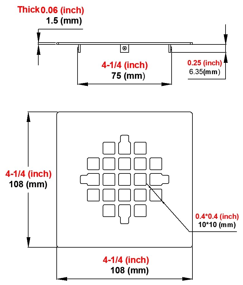 4-1/4 (4.25) Inch Square Snap-in Shower Drain Cover Used for Replacing Shower Strainer Grid,304 Stainless Steel (Black) - color: Black