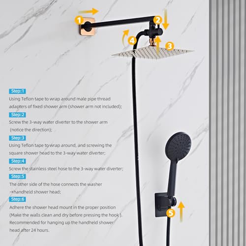 Shower Head Combo Matte Black and Rose Gold, 8 Inch Rain Shower Head with Handheld 5 Spray Modes High Pressure Rainfall Shower Heads System, 15 Inch Shower Adjustable Extension Arm - color: Matte Black+Rose Gold, style: 8 Inch with Handheld Sprayer