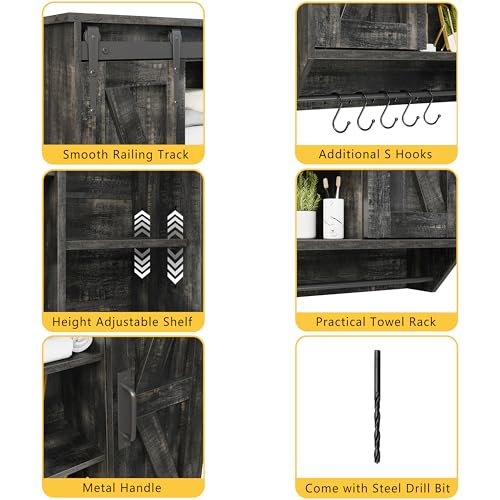 Trironsun Farmhouse Medicine Cabinet 2 Sliding Barn Doors 3 Tier Rustic Wood Wall Storage Cabinet Adjustable Shelf Towel Bar Wall Mounted Bathroom Wall Cabinet - color: Dark Rustic Oak