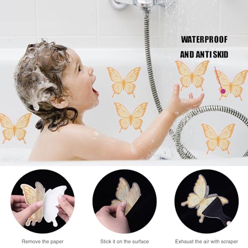 Secopad Butterfly Non Slip Bathtub Stickers with Scraper, 20PCS, Gold | Original Large Anti-Slip Treads, Comfortable PEVA Material, Strong Adhesive, Easy to Use, For Bath Tubs, Showers & Stairs - color: Gold