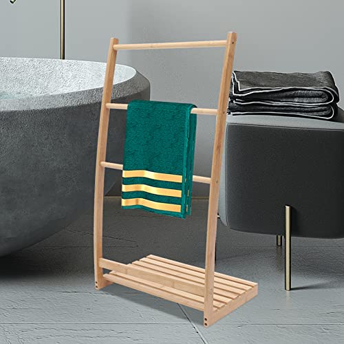 3 Tier Bamboo Towel Rack, Free-Standing Beach Towel Holder, Bath Towel Storage Organizer Shelf for Living Room or Bedroom