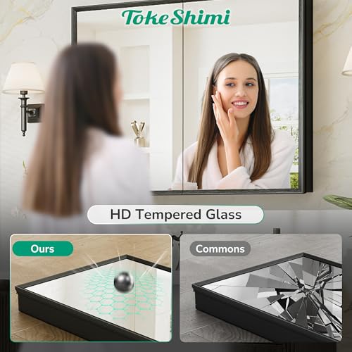 36 x 24 Black Recessed Medicine Cabinets, Assembly Required, Bathroom Mirror Medicine Cabinet, Lightweight Aluminum Frame, Stepless Adjustable Shelves, Tempered Glass - color: Black, size: 36x24 in