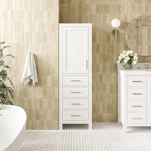 ARIEL Cambridge Bathroom Storage Cabinet - Solid Hevea Wood and Fully Assembled for Long-Lasting Durability and Sophisticated Finish, Freestanding Linen Bathroom Cabinet - 65”H x 20”W x 16”D, White - color: White, style: Cambridge