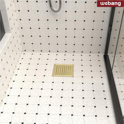 6 Inch Square Shower Floor Drain with Flange,Quadrato Pattern Grate Removable,Food-Grade SUS 304 Stainless Steel,Watermark&CUPC Certified, Brushed Gold - color: Brushed Gold, size: 6 Inch