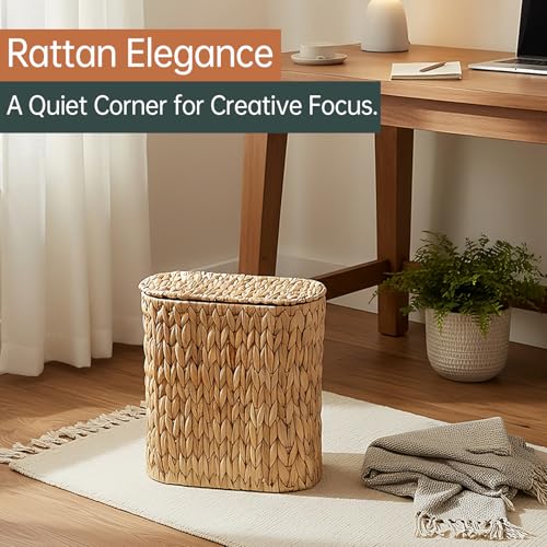 Coeusy Wicker Bathroom Trash Can with Lid,Narrow Rattan Waste Basket with Removable Liner Bucket,Slim Woven Water Hyacinth Garbage Can for Bedroom,Office,Small Spaces,3 Gallon - size: 3 Gallon