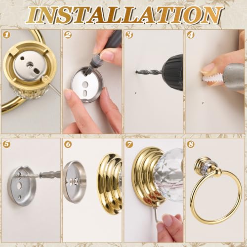 4 Pcs Polished Gold Crystal Bathroom Accessories Set with Adjustable Double Towel Bar & Towel Ring & Toilet Paper Holder & Robe Hook, Wall Mounted Bath Hardware Fixture Set (Style 10) - color: Style 10