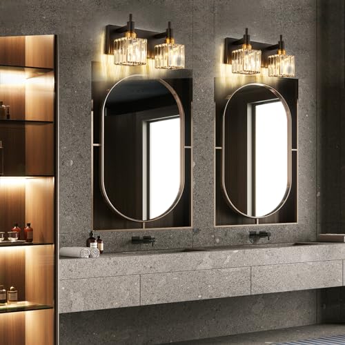 Modern Crystal Bathroom Vanity Light 2-Lights Black and Gold Bathroom Light Fixtures Over Mirror Bath Wall Sconce Lighting with Adjustment Angle - color: Black Gold-Square Shade, size: 2-Light