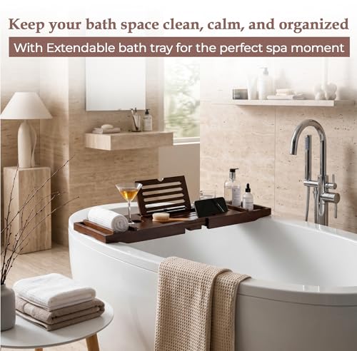 Expandable Teak Wood Bathtub Tray Caddy with Wine Glass Holder – Adjustable Luxury Wooden Bath Tub Tray Table for Spa, Book, Tablet & Bathroom Accessories