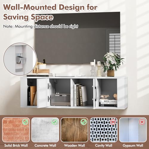 GIANTEX Wall Mounted Storage Cabinet 2 Cube Floating Media Hanging Desk W/2 Doors and 2 Open Shelves, Home Office Furniture for Kitchen, Bathroom, Living Room Floating Console Hutch (White) - color: White