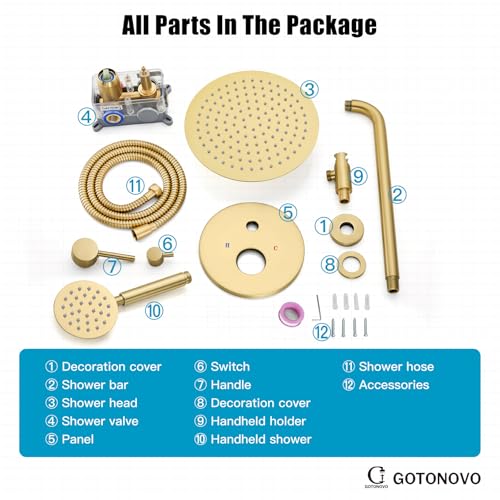 gotonovo High Pressure Shower System Valve and Trim Kit,Brushed Gold | Round Rain 10 Inch Shower Head with Handheld Faucet Set Complete,Rough In Valve,2-in-1 Diverter,All Metal,Bathroom Wall Mount - color: Gold