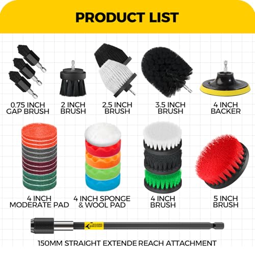 Holikme 30Piece Drill Brush Attachment Set - Power Scrubber Cleaning Kit | Buffing Sponges, Nylon Grout Tools, Tile Bathtub Shower Floors Kitchen Car Interior Detailing, Cleaning Supplies, Black - color: Black