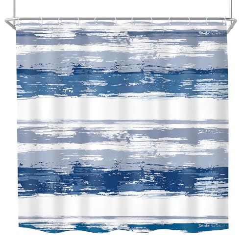 Abstract Navy Blue Modern White Gray Striped Bathroom Shower Curtain Set | 72Wx72H Watercolor Painting design, waterproof HD print with fast-drying fabric and 12 hooks. - color: B1-navy Blue, size: 72"W x 72"L (Pack of 1)