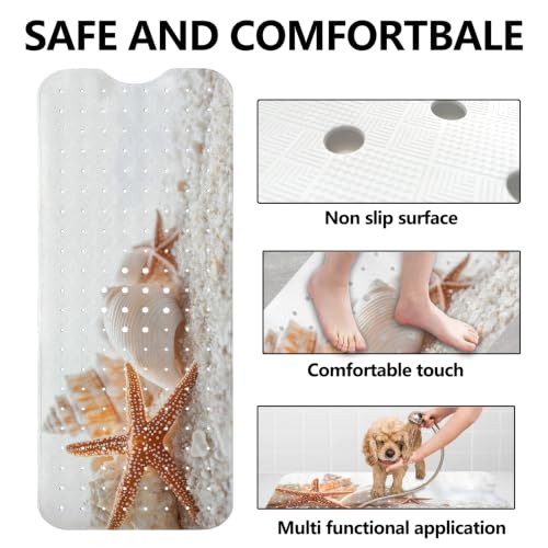 LNOND Summer Beach Bathtub Mat Non Slip, 40 X 16 Inch Tub Mat for Bathroom, White Seashells Bath Tub Shower Mat with Drain Holes and Suction Cups - color: White Seashells Bathtub Mat
