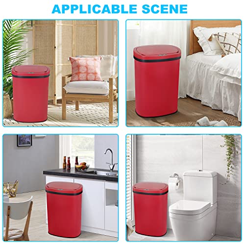 13 Gallon 50L Touch Free Automatic Stainless Steel Trash Can Garbage Can Metal Trash Bin with Lid for Kitchen Living Room Office Bathroom, Electronic Motion Sensor Automatic Trash Can - Red - color: Red