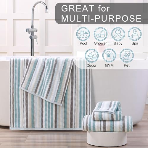 VOOVA & MOVAS Aqua Striped Hand Towels 4 Pack, 100% Cotton, 16x27 in | Excellent Daily Use & Holiday Gift Choice, Quick Dry, Highly Absorbent, Soft, Lightweight, Luxury Towel Gift Set - color: Gray + Aqua Striped, size: 4 PC Hand Towels (16"x27")