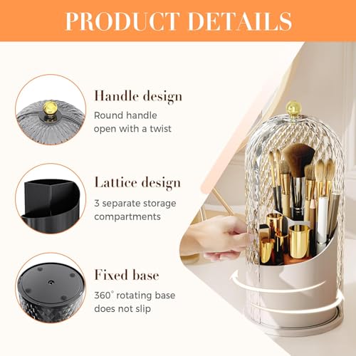 Concealed Toothbrush Holder, Makeup Brush Holder Organizer with Lid 360 Rotating Clear Dustproof for Dresser Tabletop Bathroom Countertop (Black) - color: Black