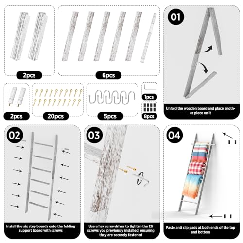 Farmhouse Wooden Blanket Ladder Living Room White 6-Tier | Blanket Rack Decorative Stand with Removable Hooks, Leaning Towel Quilt Rack Holder - color: White