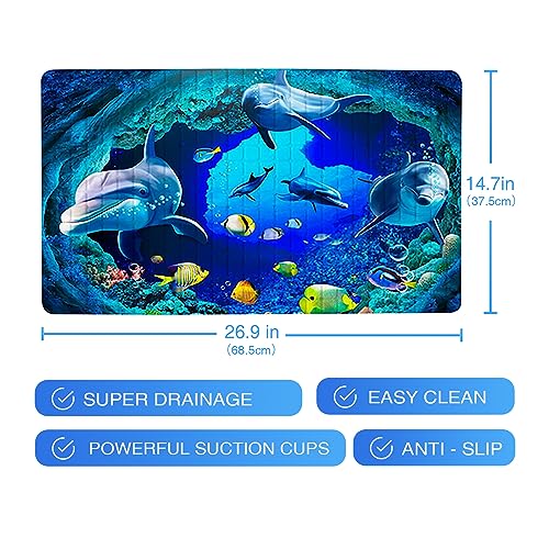 Navy Blue Non Slip Bath Tub Mat Ocean Shower Mat Non-Slip Cute Dolphin Blue Sea Ocean Fish Bathtub Mats with Suction Cups and Drain Holes Bathroom Soft Showermat 15"x27" - color: Dolphin&fish
