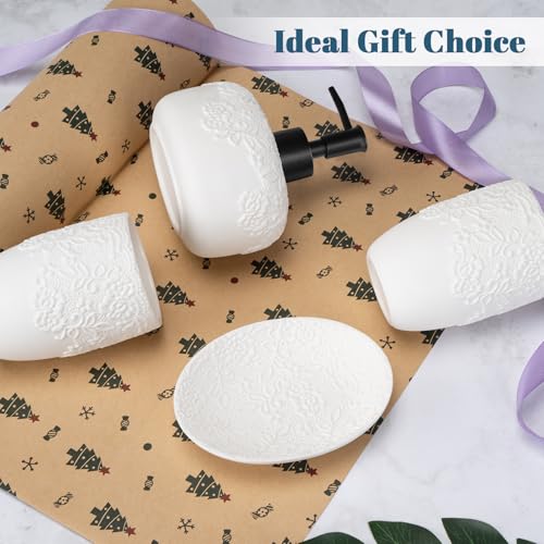 Bathroom Accessories Set, 4pcs Ceramic with Embossed Design Look Sets Bathroom Soap Dispenser 13.5oz & 2Pcs Ceramic Cup, 1Pcs Soap Dish - color: White-black