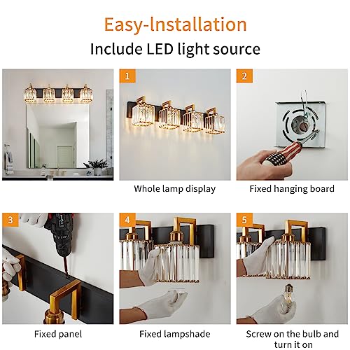 Modern Bathroom Vanity Light 4-Lights Black Gold Crystal Wall Lamp Bathroom Modern Crystal Vanity Lighting - color: Black+Gold Crooked, size: 4-light