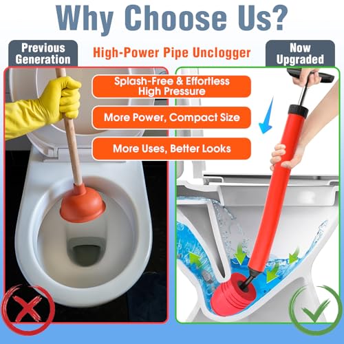 High Pressure Toilet Plunger, Red Rubber Air Drain Blaster, Heavy-Duty Sink Plunger and Clog Remover for Bathroom and Kitchen Pipes