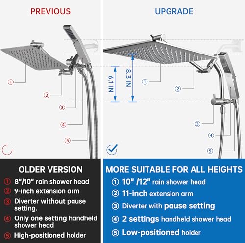G-Promise 12 Inch All Metal Rain Shower Head with Handheld (Brushed Nickel) | Full Body Coverage, Pause Mode Diverter, Power Wash Mode Handheld, Suits Every Height, Easy to Install, Modern Bath Upgrade - color: Brushed Nickel, size: 12 Inches