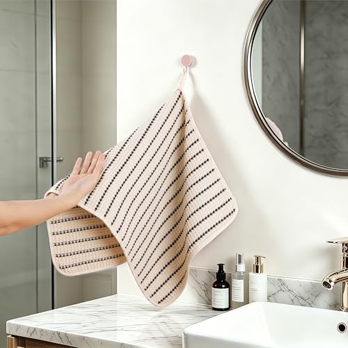 POLYTE 430 GSM Poly Blend Microfiber Quick Dry Waffle Hand Towel, 16x30 in | 4 Pack, Oversize, Lint Free, Quick Dry, Hanging Loop - color: Light Beige/Black