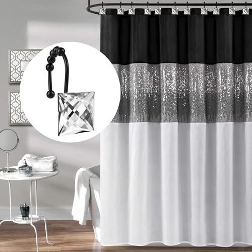 Sunlit Luxury Design Square Clear Diamond Crystal Gem Bling with Glide Balls Shower Curtain Hooks, Rust Proof Metal Rhinestones Glam Shower Curtain Rings with Black Hooks, Set of 12 - color: Clear With Black Hooks