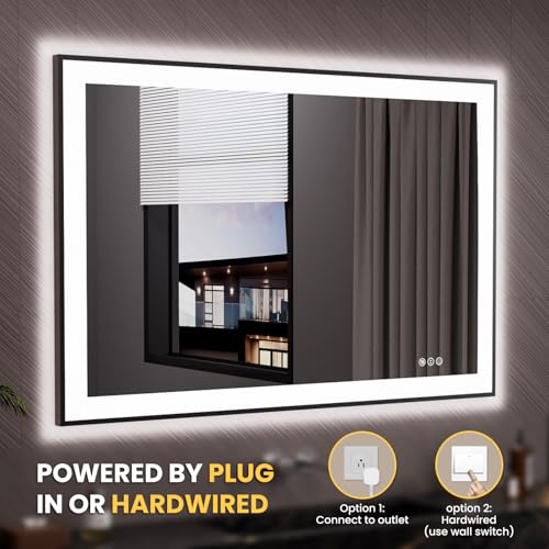 LOAAO 48"X32" LED Bathroom Mirror Black Framed | Anti-Fog, Dimmable, Memory Function, Tempered Glass, Lighted Vanity Mirror for Wall - size: 48"L x 32"W