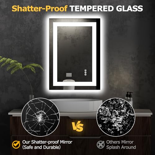 Hivone 28"X20" LED Bathroom Mirror with Lights, Anti-Fog, Dimmable, Backlit + Front Lit, Smart Bathroom Vanity Mirror, Memory Function, Shatterproof, Tempered Glass (Horizontal/Vertical) - size: 28"L x 20"W