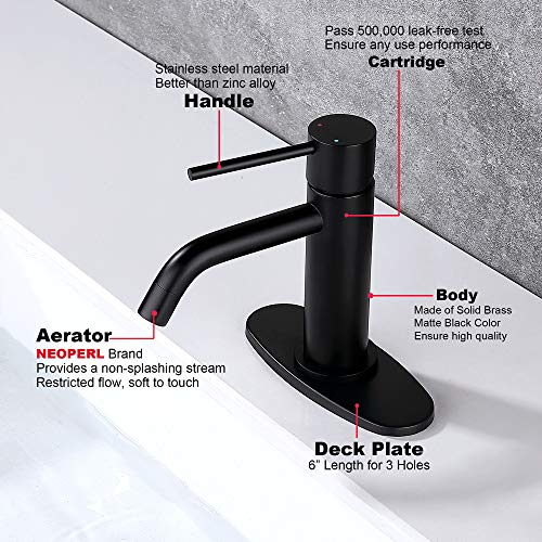 Matte Black Bathroom Faucet Single Hole, JXMMP Single Handle Bathroom Sink Faucets with Pop Up Drain and 6 inch Deck Plate and cUPC Water Supply Hose - color: Black, size: Faucet with Deck Plate