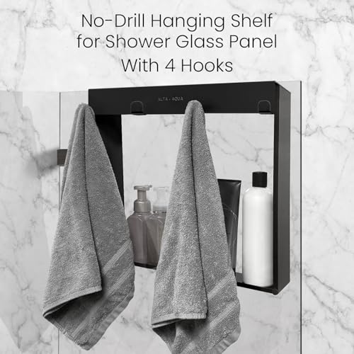 Hanging Shower Shelf with Hooks for Shower Glass Panels | 20"x16" Matte Black 304 Stainless Steel | Bathroom Caddy |No-Drill, No-Rust, Modern Design - color: Matte Black