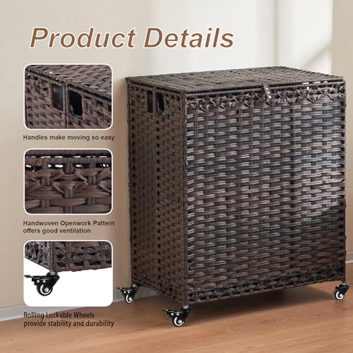 Laundry Hamper with Wheels&Lid, 50.2 Gallons(190L) Rolling Laundry Basket with Wheels, 3-Section Laundry Hamper, Handwoven Rattan Clothes Hamper with 6 Removable Liner& 3 Mesh Laundry Bags, Brown - color: Brown