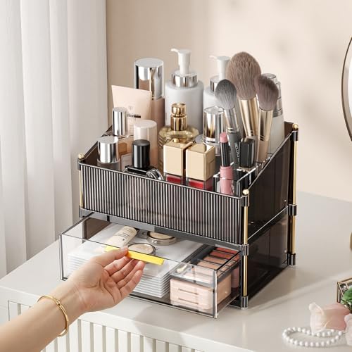 INVSSENE Stackable Makeup Organizer Countertop, Storage Perfume Skincare Cosmetic Lipstick Face Mask Makeup Brush Holder Palettes, Ideal for Vanity Bathroom Counter - color: 3514 Coffee+Clear